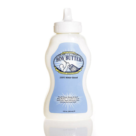 Boy Butter water-based personal lubricant in 9oz bottle – hypoallergenic, latex-safe, non-staining formula