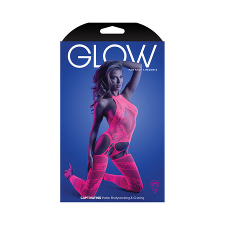 Fantasy Lingerie Glow Captivating High Neck Halter Bodystocking & G-String Set Neon Pink O/S-0